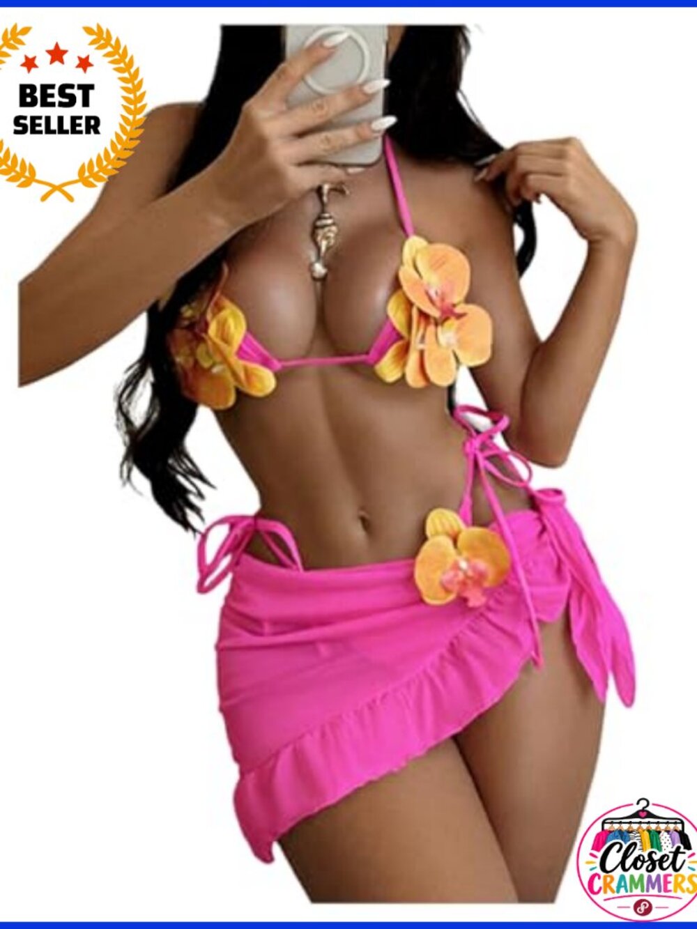 Halter Flower Bikini Set with Sarong Wrap Skirt, Polyester